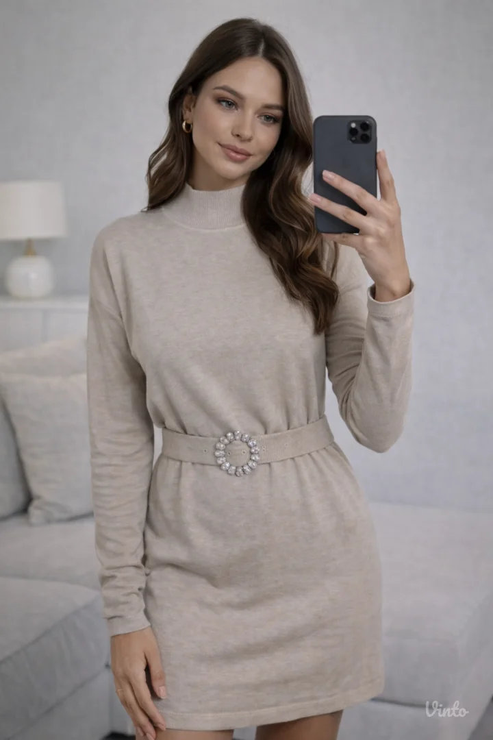 Ženska bež haljina sa kaišem