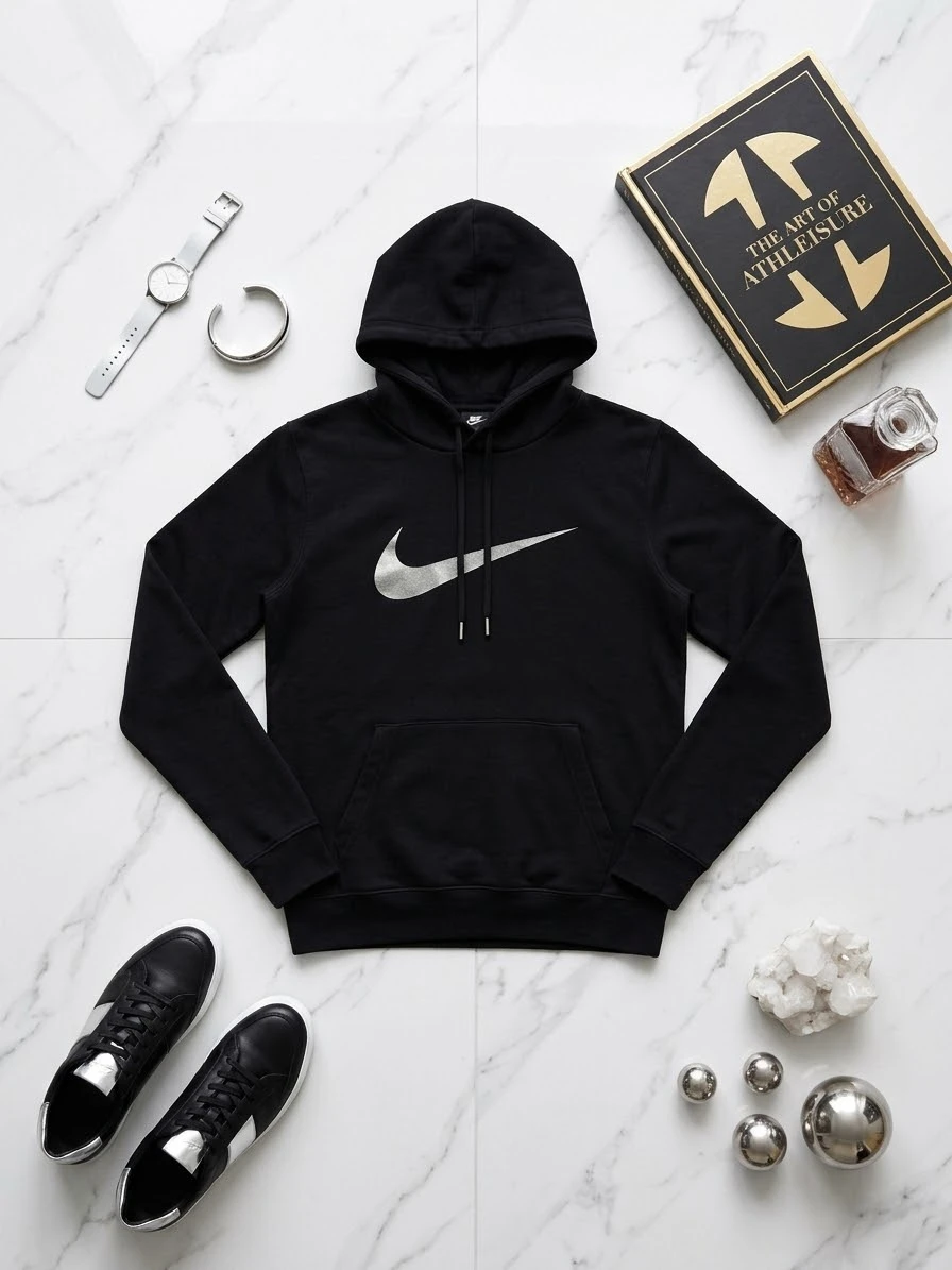 Naslov oglasa NIKE crna dukserica sa kapuljačom – veliki srebrni logo