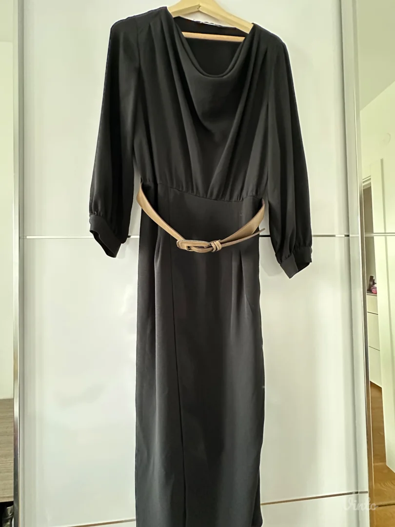 Zara crna midi haljina sa pojasom (L) – Kao nova