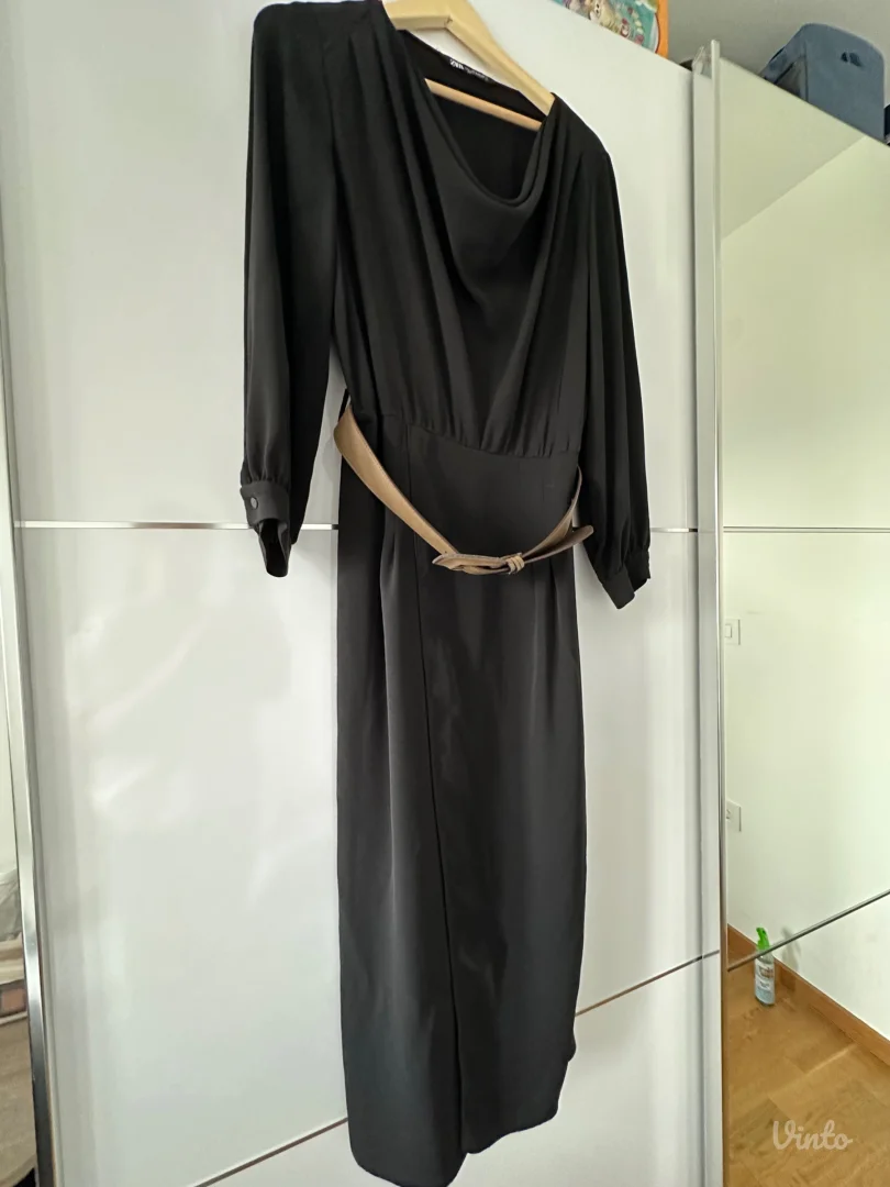 Zara crna midi haljina sa pojasom (L) – Kao nova