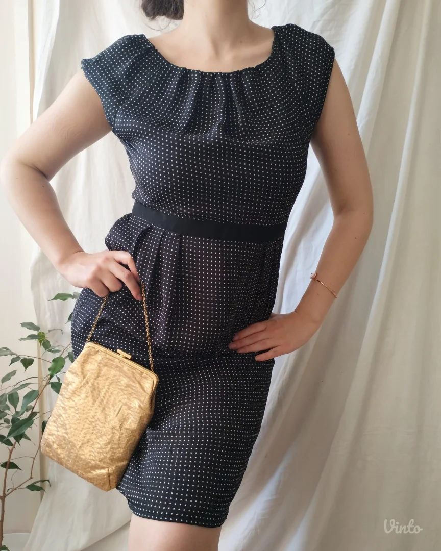 ZARA BASIC crna haljina sa belim tufnama