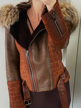 Kožna jakna sa krznom – kroko dezen, biker model