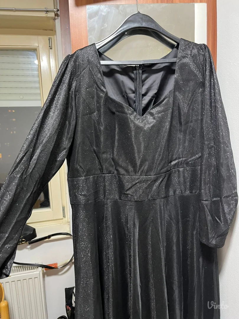 Svečana dugačka crna šljokičava haljina