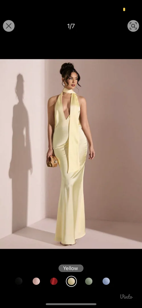 Žuta satenska duga haljina