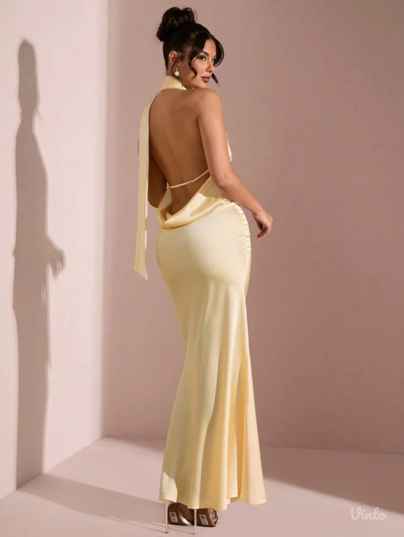 Žuta satenska duga haljina