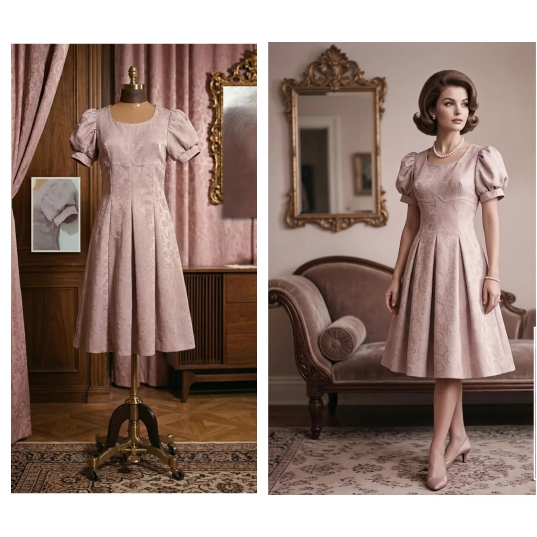 Ekskluzivna vintage haljina iz 60-ih – puder roze, reljefni žakard