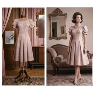 Ekskluzivna vintage haljina iz 60-ih – puder roze, reljefni žakard
