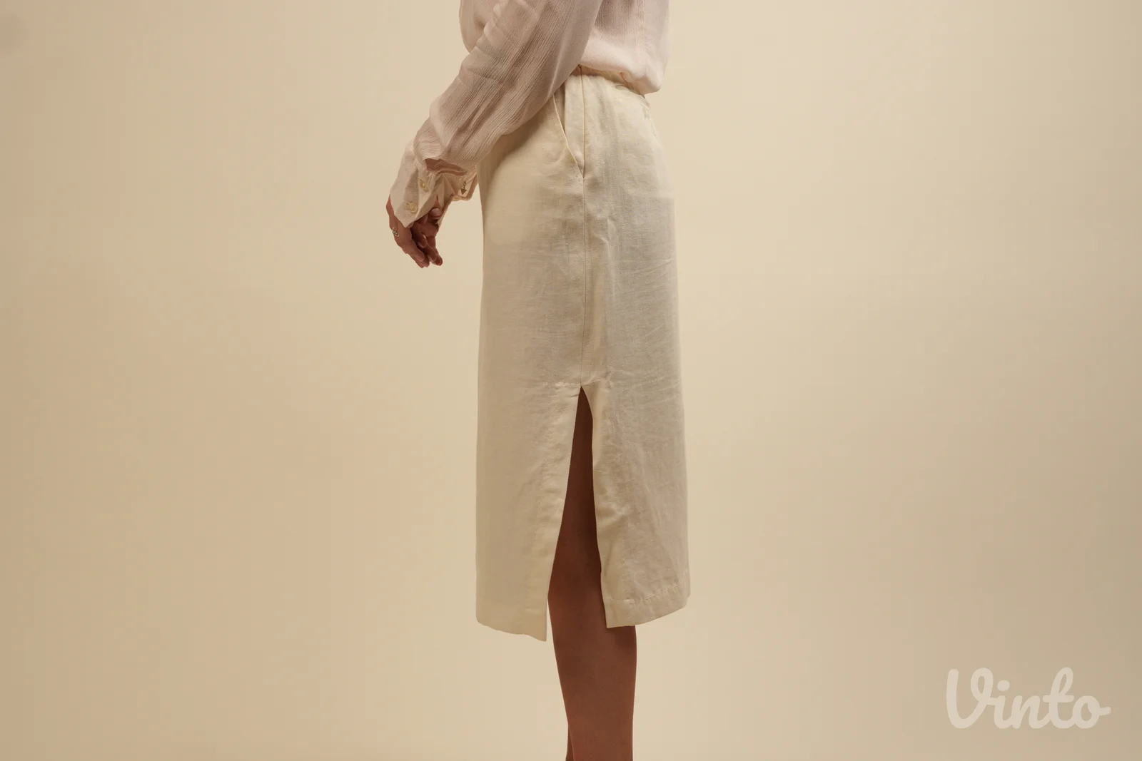 MaxMara Puro Lino bela/krem lanena suknja