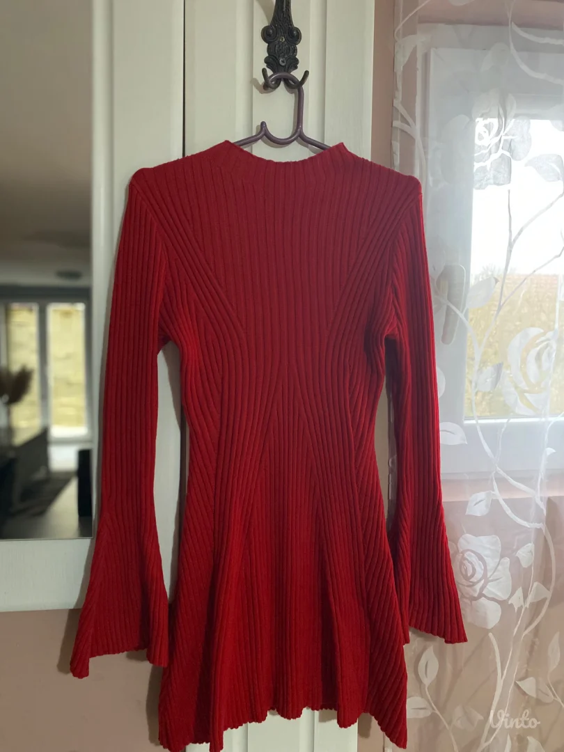 Crvena rebrasta haljina sa dugim rukavima (S)